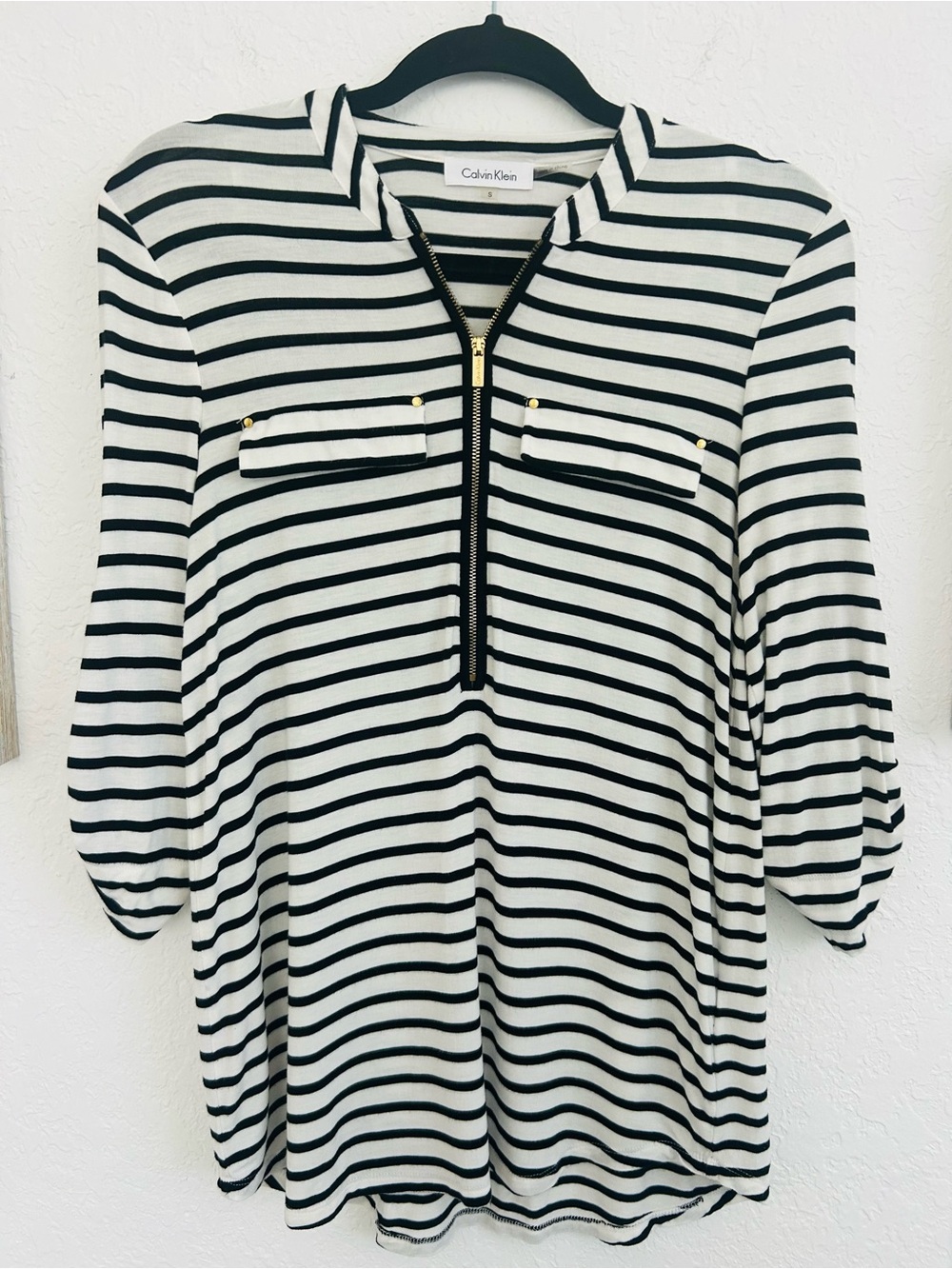Calvin Klein Black & White Striped Half-Zip Tunic Top